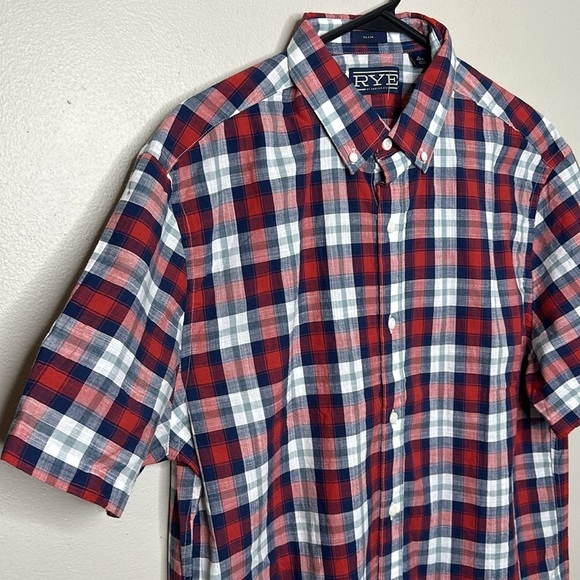 Rye by Hawker Rye Plaid Button Down Short Sleeve Shirt Red Blue NWOT Large tall - Picture 3 of 10